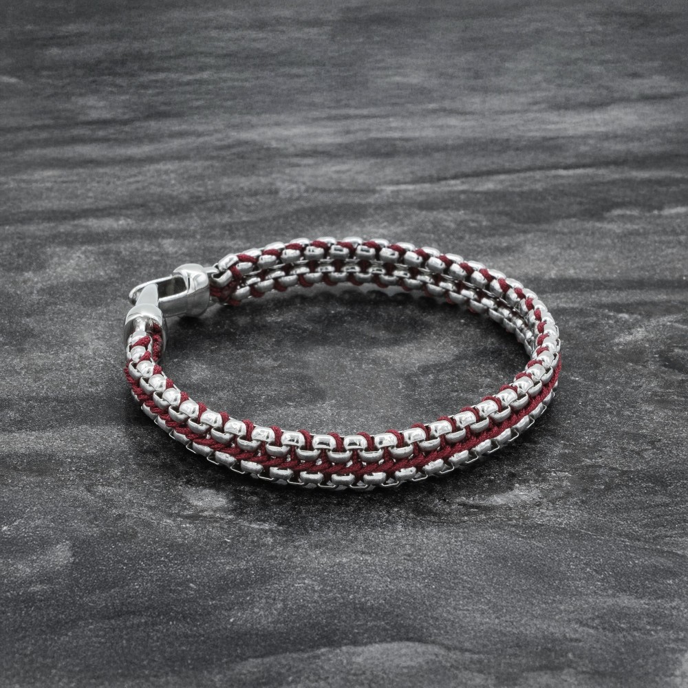 Men's Burgundy Woven Double Layer Silver Box Chain Bracelet - 90031